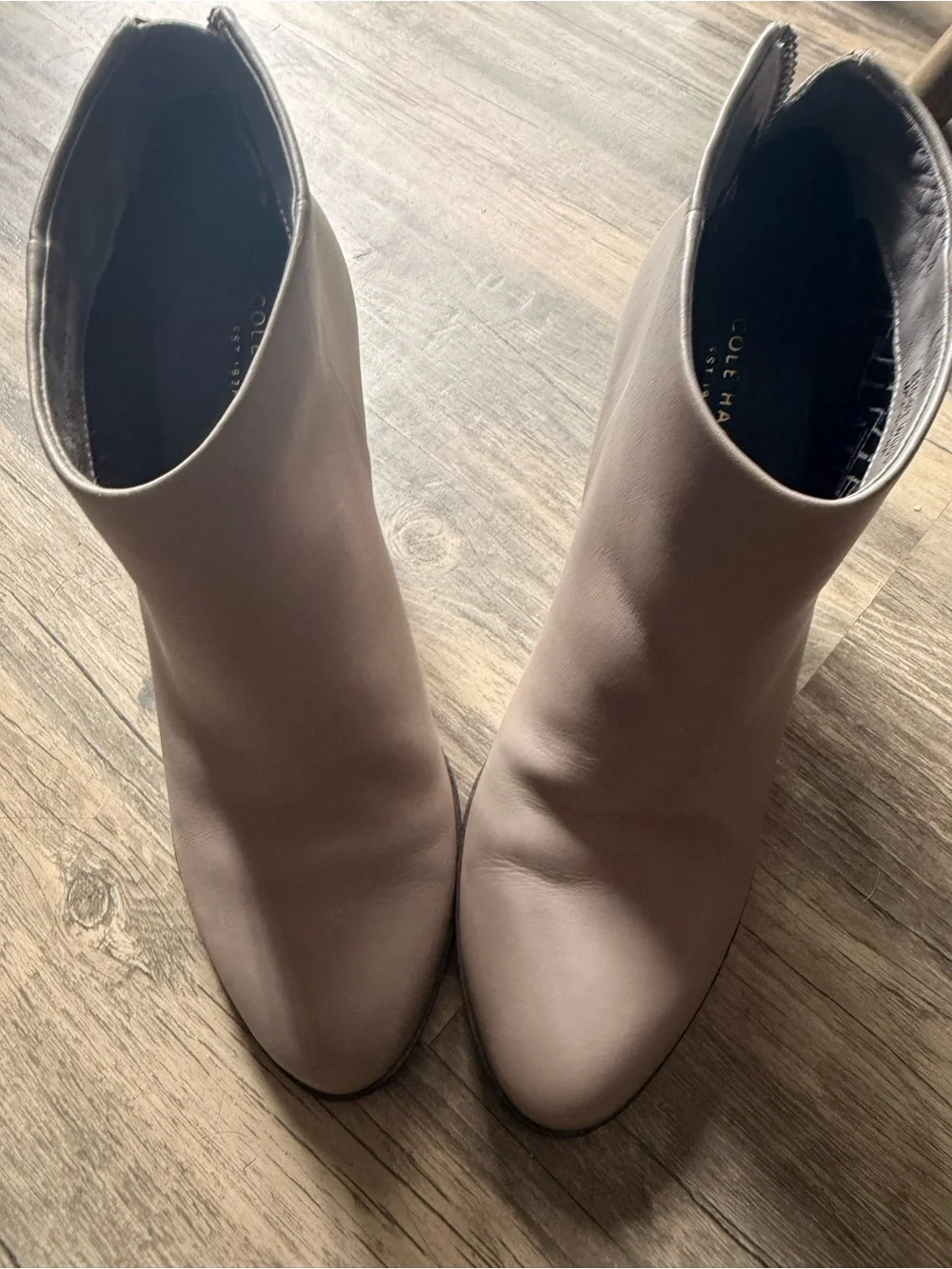 Cole Haan Women's Dey Taupe Leather Ankle Bootie with Stacked Heel 8.5
